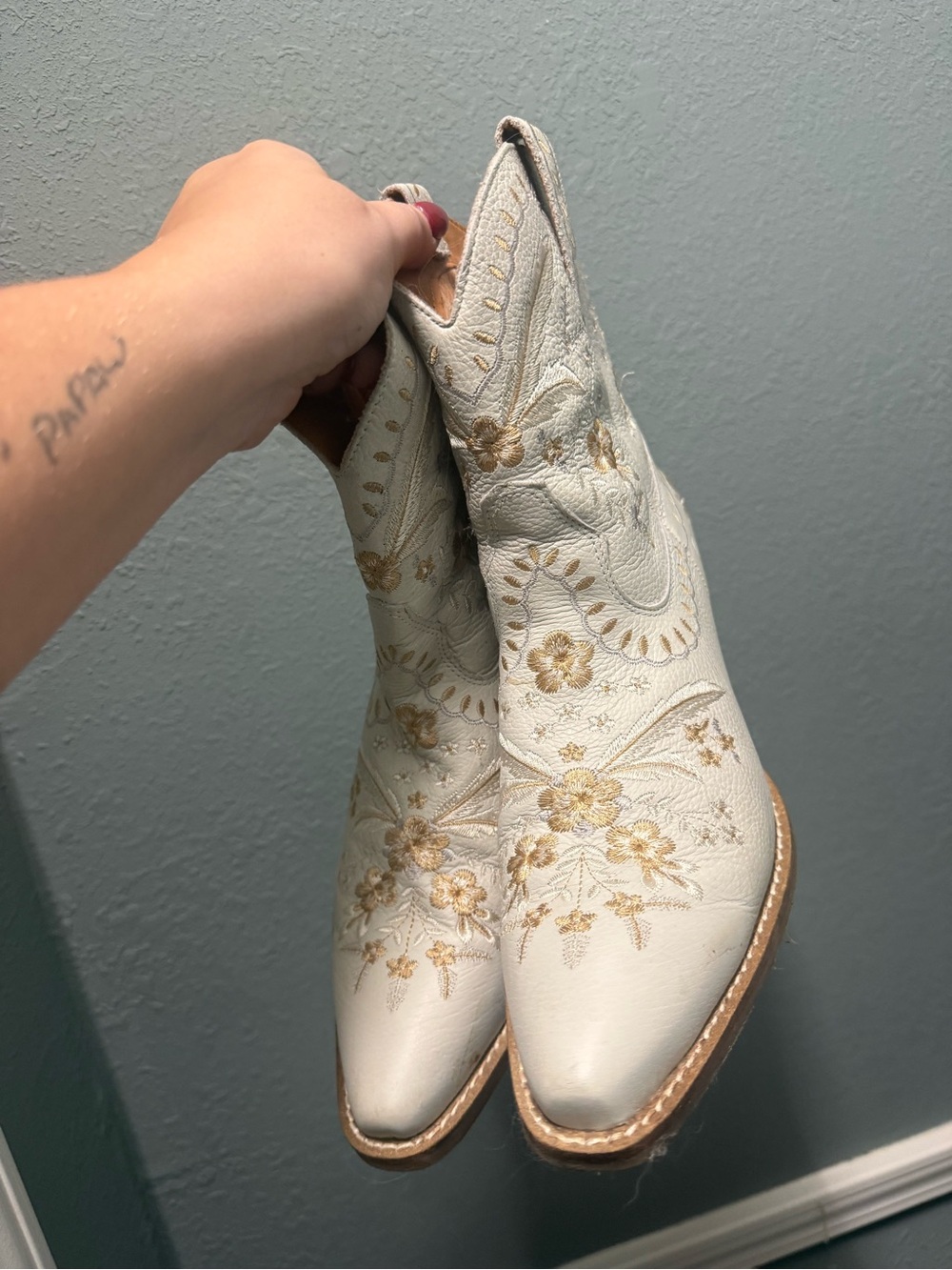 dingo Ivory Ankle Boots with Gold Floral Embroidery